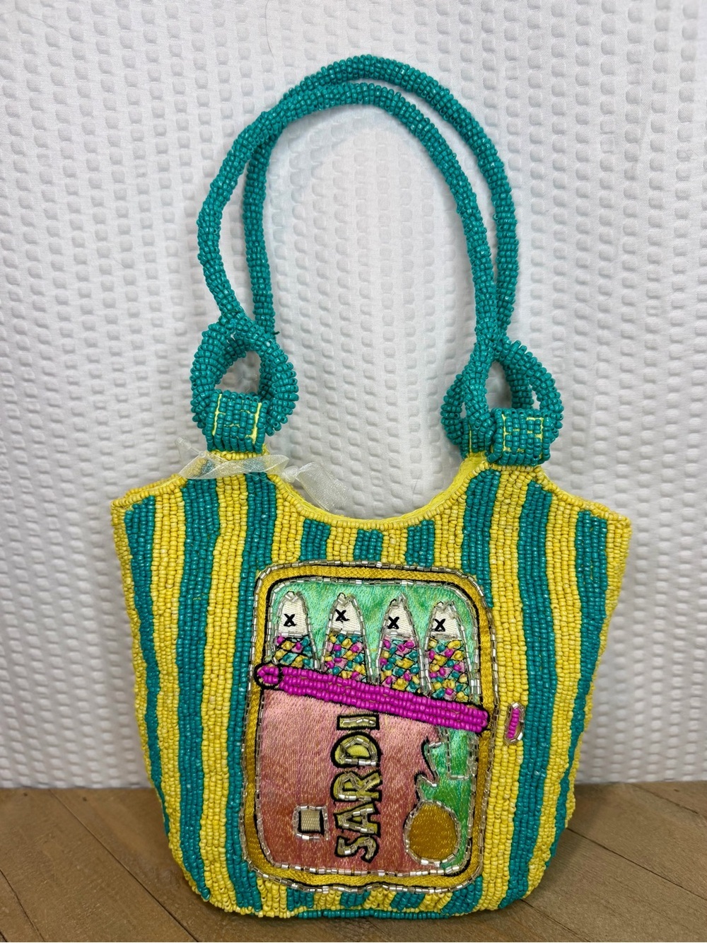 Viral Beaded Yellow & Teal Striped Sardine Tote …Tjmaxx & Marshalls